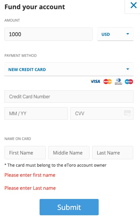 Depositing Money by Credit Card to eToro