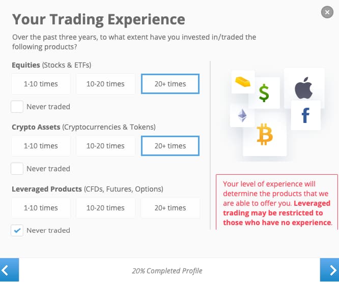 Trading Experience - eToro Account Creation