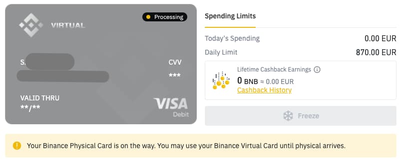 Tarjetas de débito virtuales de Binance