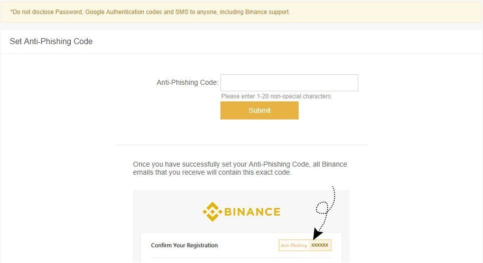 Anti Phishing Code στη binance